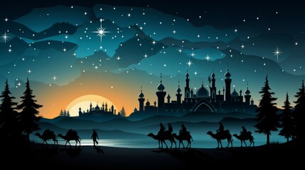 Fototapeta na wymiar Three wise men from the East rode camels across the desert one night following the star of Bethlehem