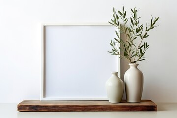 Textured vase with olive tree branches on a wooden shelf. Monotone wall background with copy space, blank, frame. Mediterranean interior inspiration.