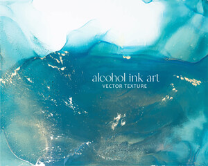 Blue and turquoise hand painted abstract backgrounds with gold flecks, textures alcohol ink art