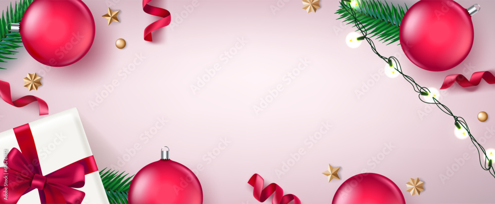 Poster christmas flat lay background with holiday elements and copy space. #d vector banner template