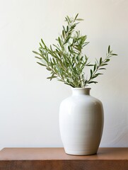 Textured vase with olive tree branches on a wooden shelf. Monotone wall background with copy space, blank, frame. Mediterranean interior inspiration.
