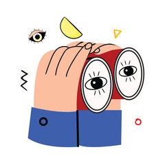 Binoculars, human hands holding binoculars, eyes with binoculars, searching, exploring, looking for something, web surfing flat vector, cartoon, character, business,  big eyes on lens