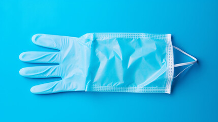Pair of latex medical gloves and protective mask on blue background
