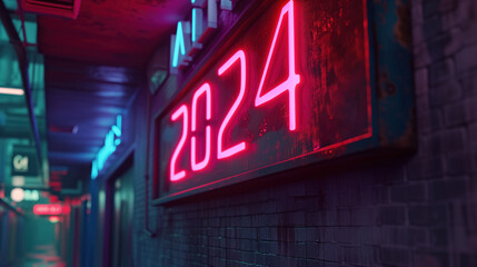 2024 neon new years sign on wall, gritty and grungy style with cyberpunk neon colours on sign