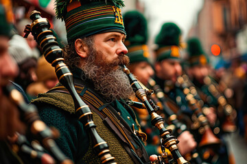 Irish bagpiper playing the bagpipes in the street on St. Patrick's Day - obrazy, fototapety, plakaty