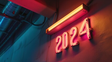 2024 neon new years sign on wall, gritty and grungy style with cyberpunk neon colours on sign