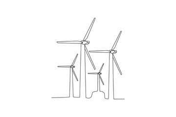 Single continuous line drawing of Windmills for turbine energy. Energy industrial Modern single line draw design vector graphic illustration
