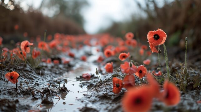 row of poppies growing on an old muddy ww2 battlefield