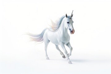 A white unicorn with a pink mane running against a white background.