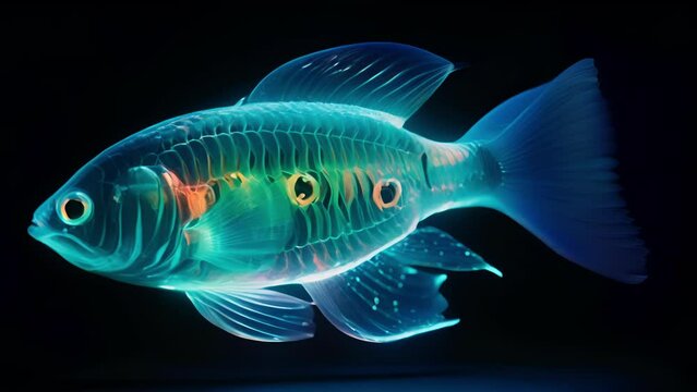 A glowing of a bioengineered glowing fish, created by incorporating genes from a bioluminescent species.