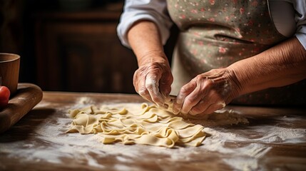 Old italian woman making pasta on wooden table in the kitchen. Close up of grandma making pasta the traditional way. Italian cuisine. Homemade food.Traditions.