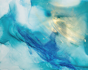 Blue and turquoise hand painted abstract backgrounds with gold flecks, textures alcohol ink art - 696767603
