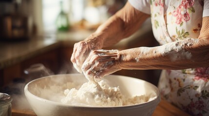 ?ropped photo of senior womana kneading dough for homemade baking. ?loseup of an elderly woman's hands making pasta dough in bright cozy kitchen. - obrazy, fototapety, plakaty