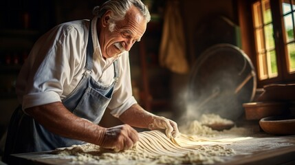 Portrait of senior italian whiskered man making homemade pasta with flour and eggs on old wooden table in sunny morning. - obrazy, fototapety, plakaty