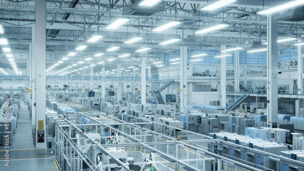 Poster robotic arm conveyor line manufacturing industrial electronic devices. aerial establishing shot with