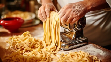 Italian chef preparing homemade spaghetti pasta using a cutting machine. Cropped close up photo.