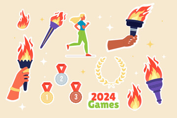 Collection sticker of Olympic elements award torch - obrazy, fototapety, plakaty