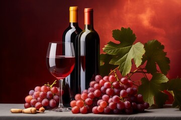 Glass with red wine and bottle of wine. Black grapes on the table. Red background.