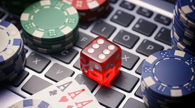 Online gambling, casino chips, cards and dice laying on laptop keyboard, internet betting gaming addiction, poker and bets addiction