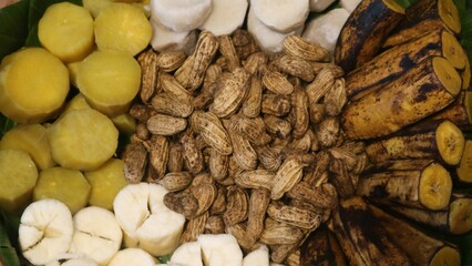 Polo pendem is Javanese traditional food including cassava, sweet potatoes, peanuts, ose, banana with red white ribbon flag. Usually used for Indonesia indpendence day celebration