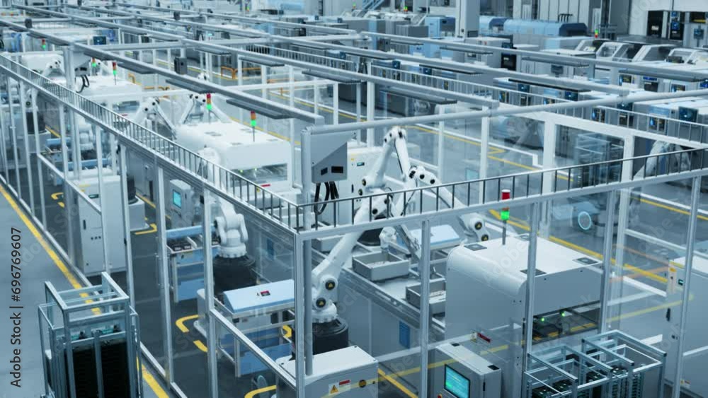 Aufkleber Electronics Factory 3D Concept: Automated Robot Arm Assembly Line Manufacturing Advanced Electronic Components for Different Industries. High Angle Zoom Out Overview of an Operating Conveyor Line