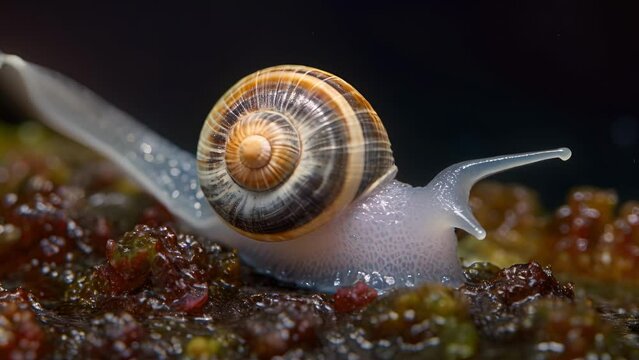 A closeup shot of a tiny, delicate sea snail with a damaged shell due to the rising acidity levels in the ocean. As more carbon dioxide is absorbed by the ocean, the pH levels decrease, making