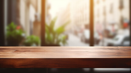 Wooden dining table blurred window