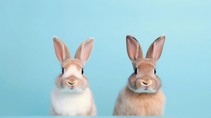 Easter holiday celebration, cloesup of two bunnies or rabbits sitting next to each other, pastell blue background, greeting card