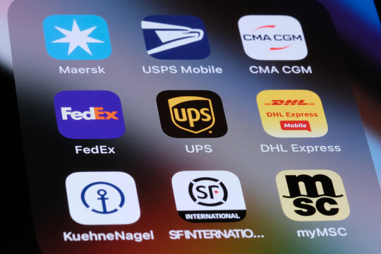 Shanghai,China-Dec. 21st 2023: Maersk, USPS, CMA CGM, FedEx, UPS, DHL Express, Kuehne + Nagel, SF Express and Mediterranean Shipping Company (MSC). Assorted world leading logistics company