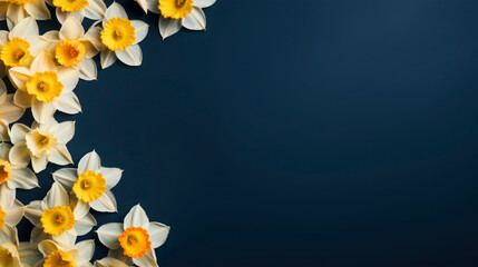 Easter holiday celebration, edge with yellow white daffoldis flowers on blue background, with space for text and design