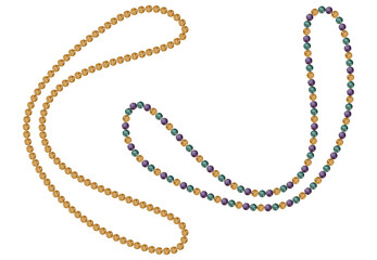 Hand drawn watercolor Mardi Gras carnival symbols. String of beads necklace jewelry throws in traditional color. Single object isolated on white background. Design for party invitation, print, shop