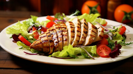 grilled chicken breast with vegetable garnish, chicken breast, plate, salad. AI Generative - obrazy, fototapety, plakaty