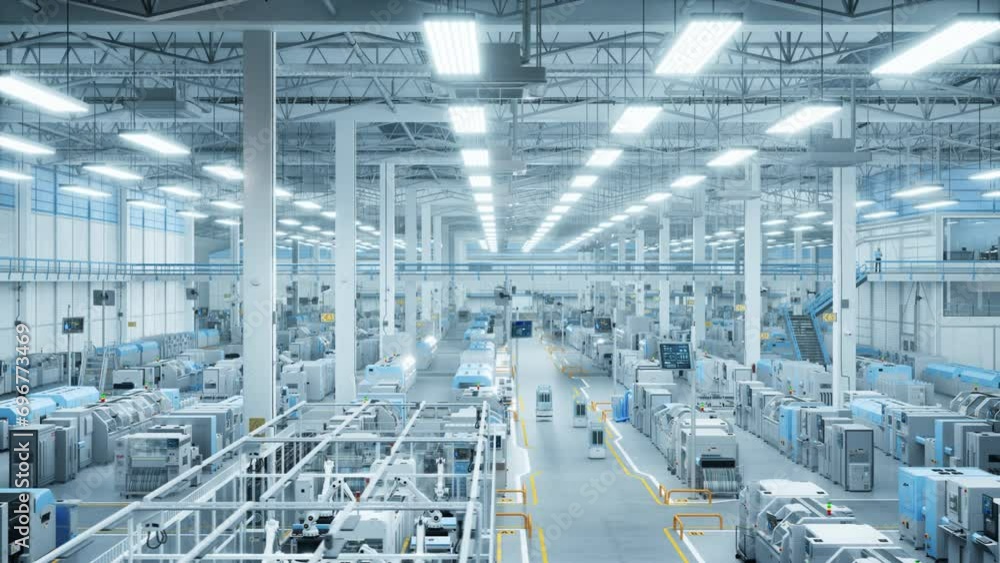 Poster modern manufacturing plant with advanced robotic arms operating on an assembly line with electronic 