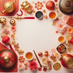 Obraz premium Chinese New Year Flatlay, Cherry Blossom Festival or Moon Festival / Mid-Autumn Festival