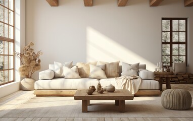 Modern luxury, minimal, elegant, neutral, cozy, white bohemian, boho living room with a sofa. soft earthy colors, Interior design inspiration.