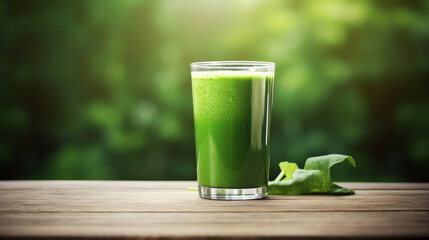 Green vegetable juice on rustic wood table, Juice, Drink, Smoothie, Green Color. AI Generative