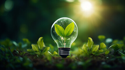 Realistic image of light bulb green leaf background - obrazy, fototapety, plakaty