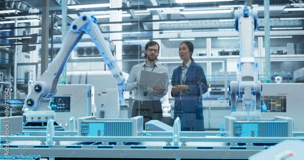 Poster Electronics Factory Digitalization: Automated Robot Arm Assembly Line Manufacturing Advanced Equipment. Managers Discussing Work while Futuristic AI Computer Vision Analyzing, Scanning Production Line
