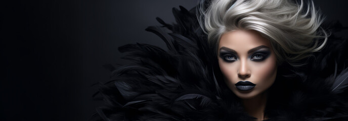 A fashion model with black feathers in her hair, in the style of bold shadows, dark fairy tales, monochromatic palettes.