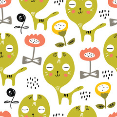 Childish seamless pattern with hand drawn cat and flowers. Summer bright background for fabric design. Scandinavian style.