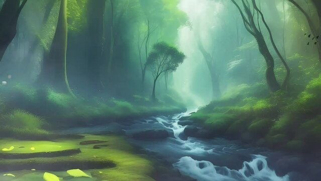 Mysterious forest within fantasy. Mist and flowing river accompanied by flying creatures. Digital Painting Illustration Style. Video Animation Background. Motion Graphic. 
