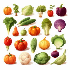 food, vegetable, vegetables, tomato, onion, pepper, carrot, vector, set, isolated, collection, cabbage, pumpkin, cucumber, potato, green, broccoli, garlic, cartoon, eggplant, healthy, fruit, illustrat