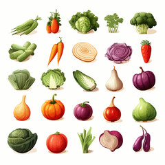 food, vegetable, vegetables, tomato, onion, pepper, carrot, vector, set, isolated, collection, cabbage, pumpkin, cucumber, potato, green, broccoli, garlic, cartoon, eggplant, healthy, fruit, illustrat