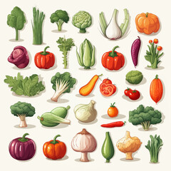 food, vegetable, tomato, vegetables, onion, pepper, set, carrot, vector, collection, cucumber, fruit, isolated, garlic, pumpkin, broccoli, vegetarian, eggplant, healthy, potato, illustration, cabbage,