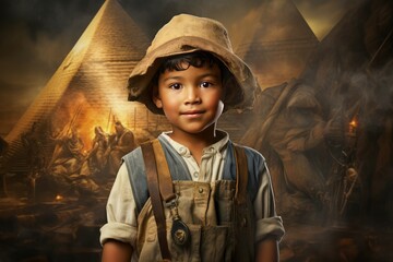Golden Ancient egyptian pyramid child boy. Ancient worker. Generate Ai