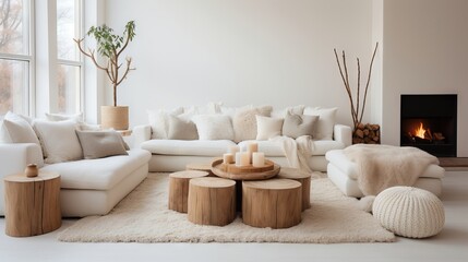 Obraz na płótnie Canvas Modern luxury, minimal, elegant, neutral, cozy, white bohemian, boho living room with a sofa. soft earthy colors, Interior design inspiration.