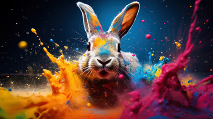 Obraz na płótnie Canvas Easter holiday celebration, brown easter bunny in colored powder splash on blue background, greeting card
