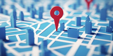 3D digital illustration of a blue map with red location pins - obrazy, fototapety, plakaty