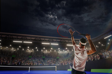 Young man in uniform, tennis player in motion during game, hitting ball with racket, playing on tennis court with blurred fan zone. Concept of sport, competition, tournament, action, success