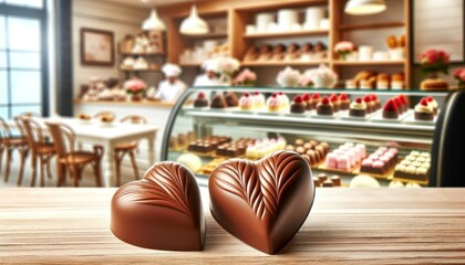 High-quality photo of two heart-shaped chocolates in a pastry shop setting, showcasing a backdrop of various desserts with a focus on the chocolates.
